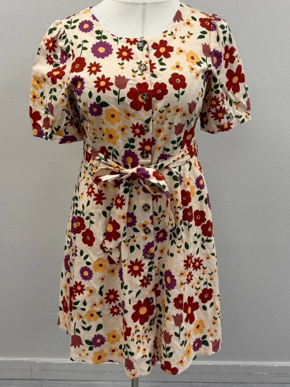 ModCloth X Princess Highway Cream Floral Button-Front Mini Dress - Size 14